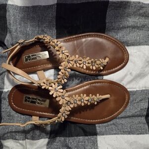 Jessica Simpson Tan Floral T-Strap Rhinestone Sandals